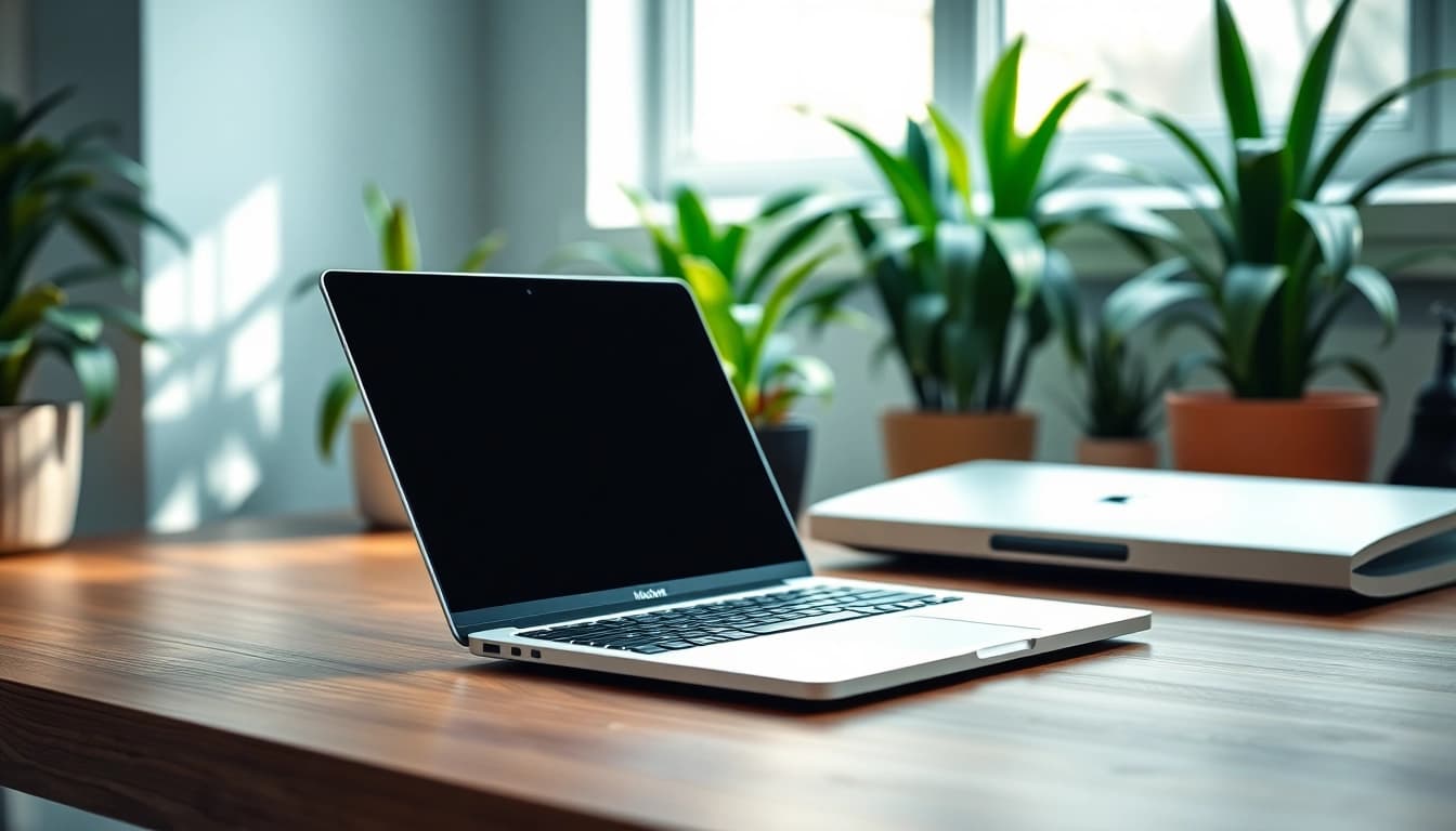 Trabajando en el MacBook Air M2 en un ambiente acogedor con luz natural.