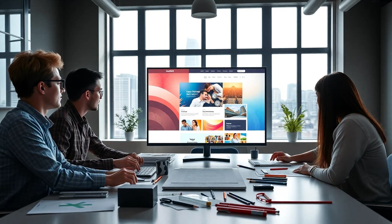 Marketing-Profis gestalten dynamische Webseiten-Layouts in einem modernen Büro.