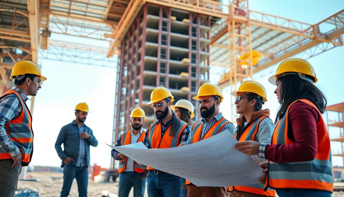 Workers in construction actively collaborating, highlighting careers in construction on a vibrant site.