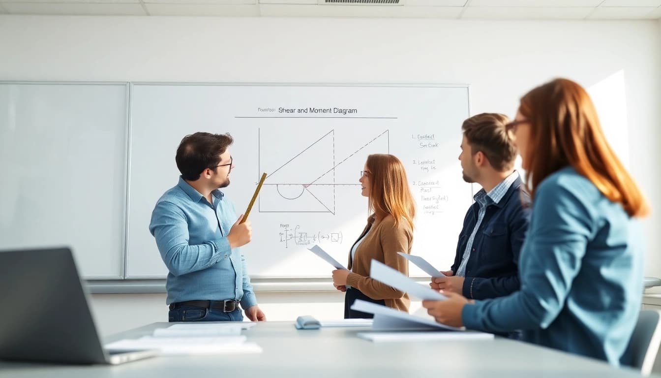 Students studying a Shear and Moment Diagram in an engineering classroom setting.