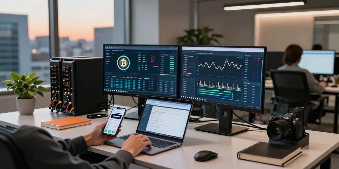 Explore the future of crypto mining service with real-time dashboard analytics and advanced tech setup in a modern office.