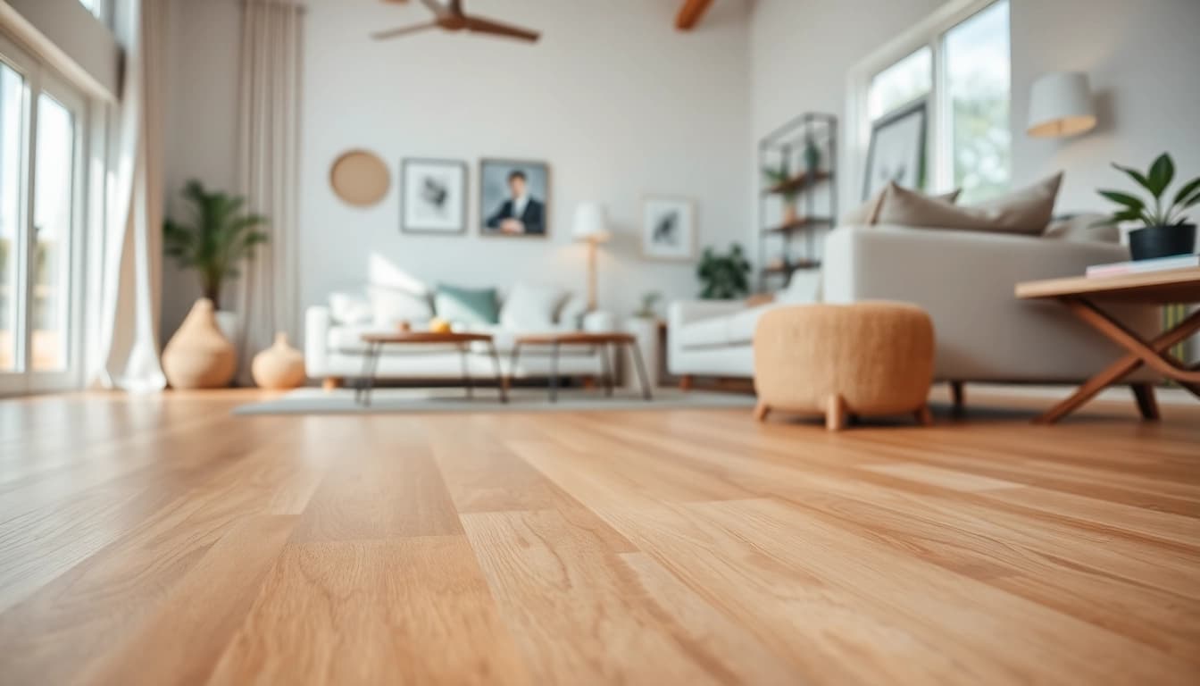 Showcasing vinyl flooring options in a stylish living room setting with natural textures.