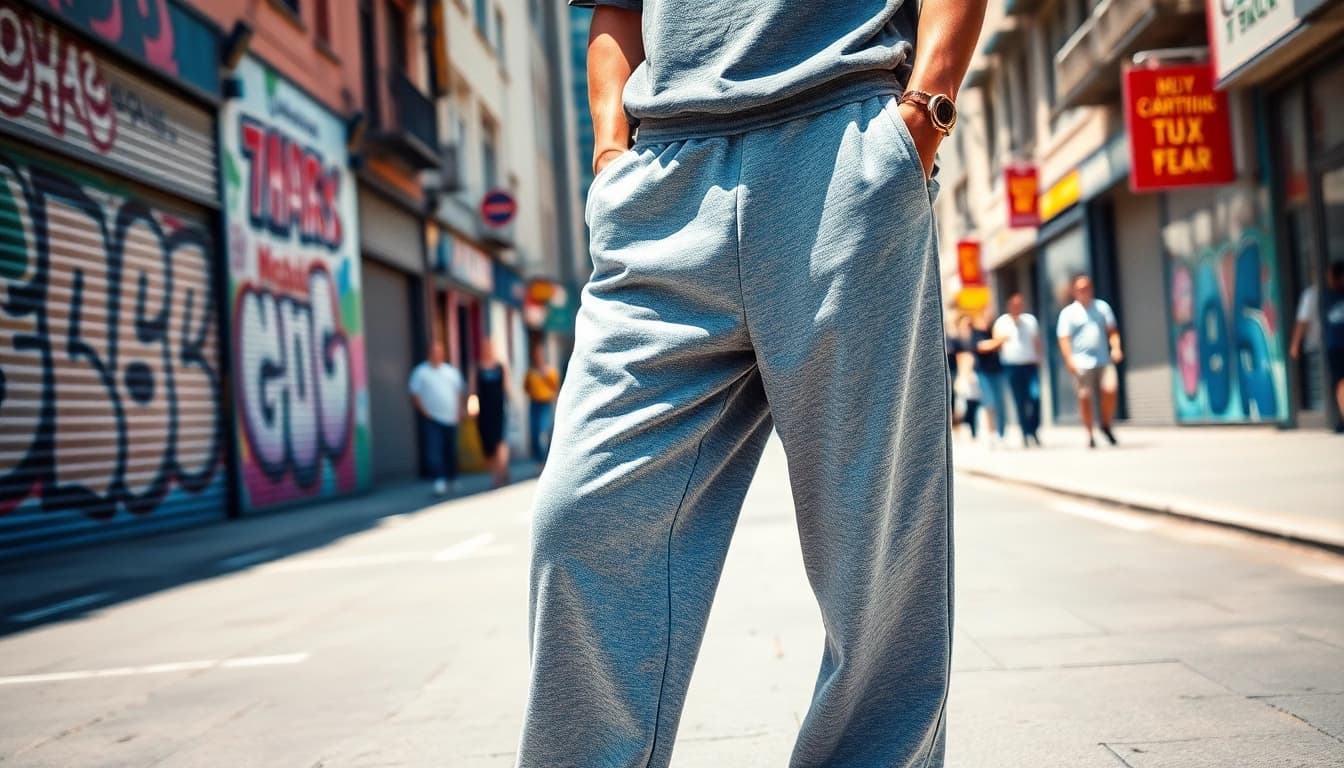 Stylish model showcasing baggy sweatpants in a vibrant urban street setting.