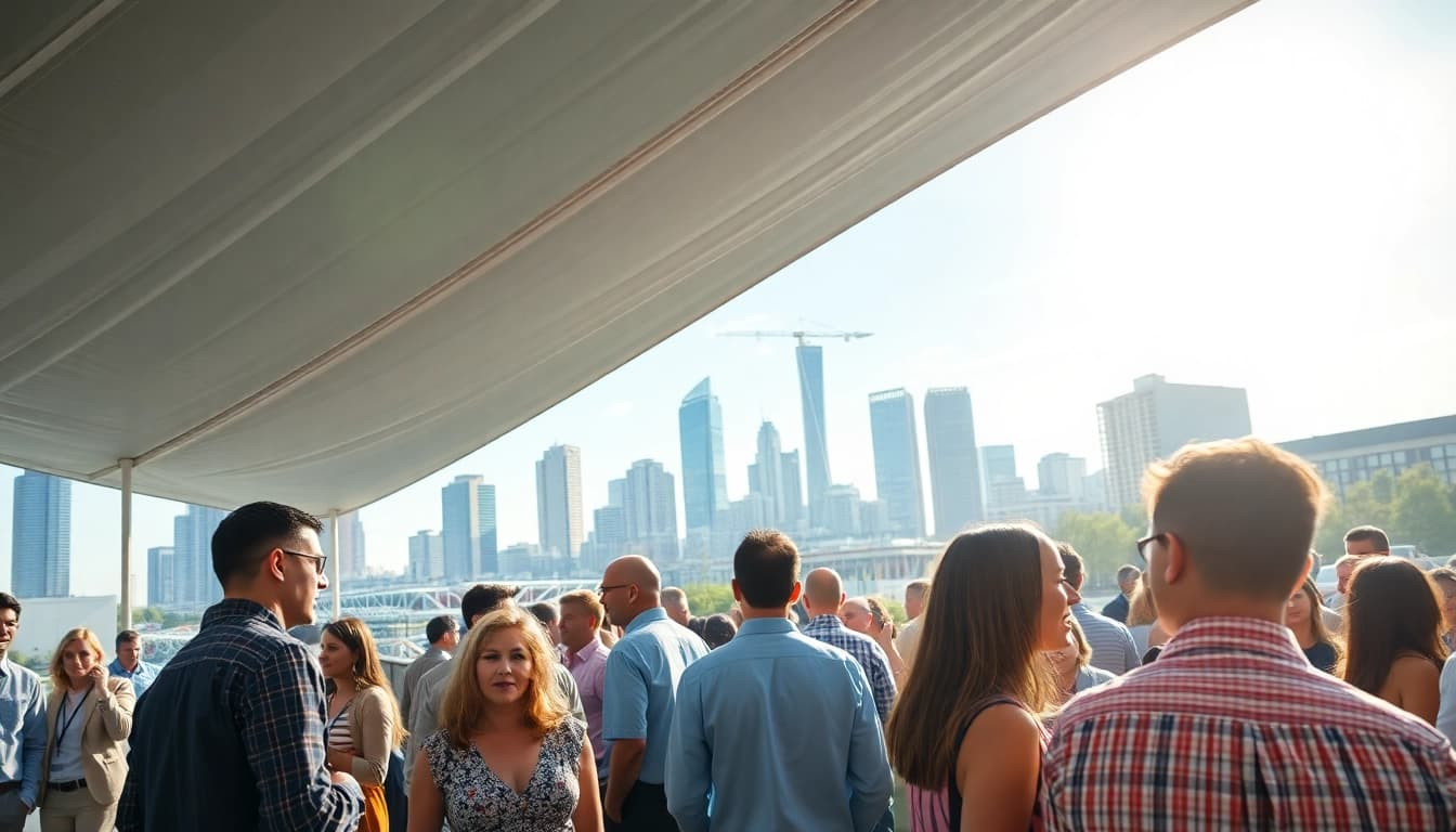 Attendees networking at construction events, exchanging ideas under a large tent.