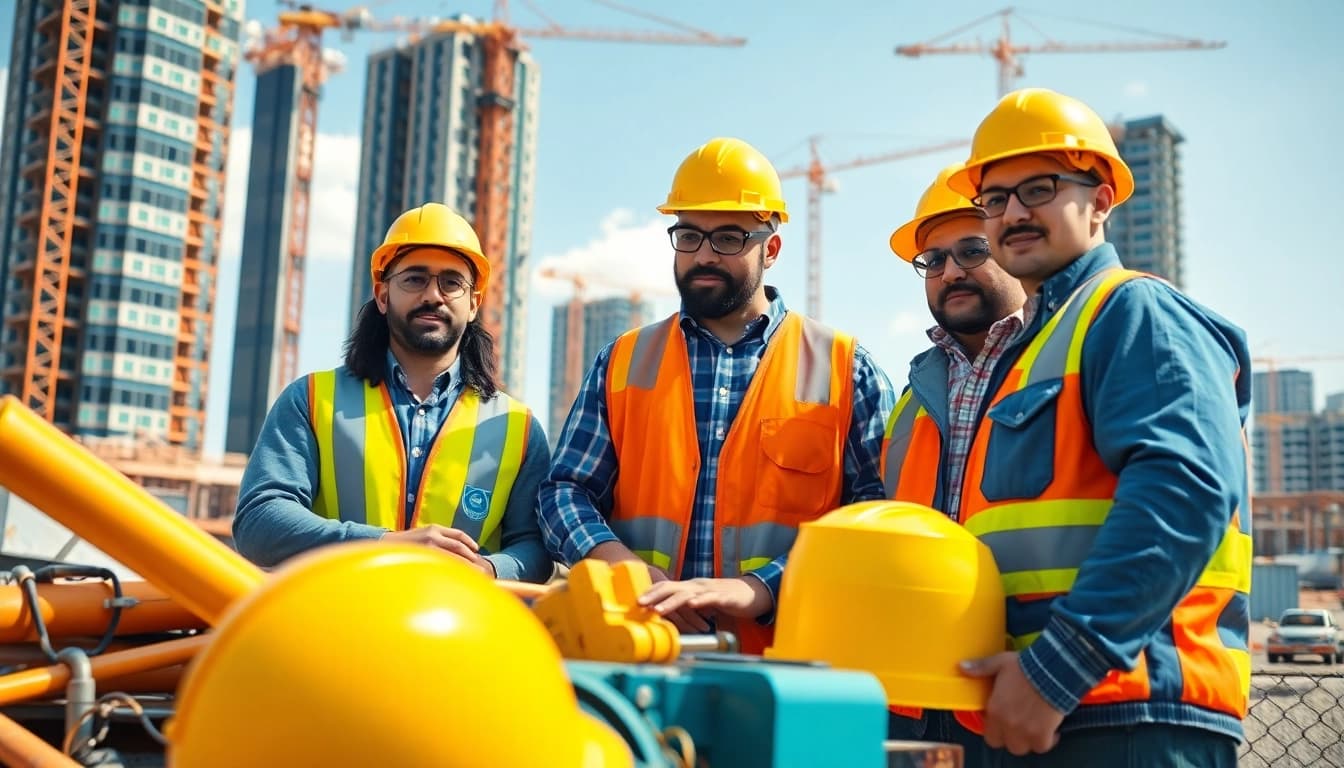 Collaborating professionals from a construction member organization on a busy site showcasing teamwork.