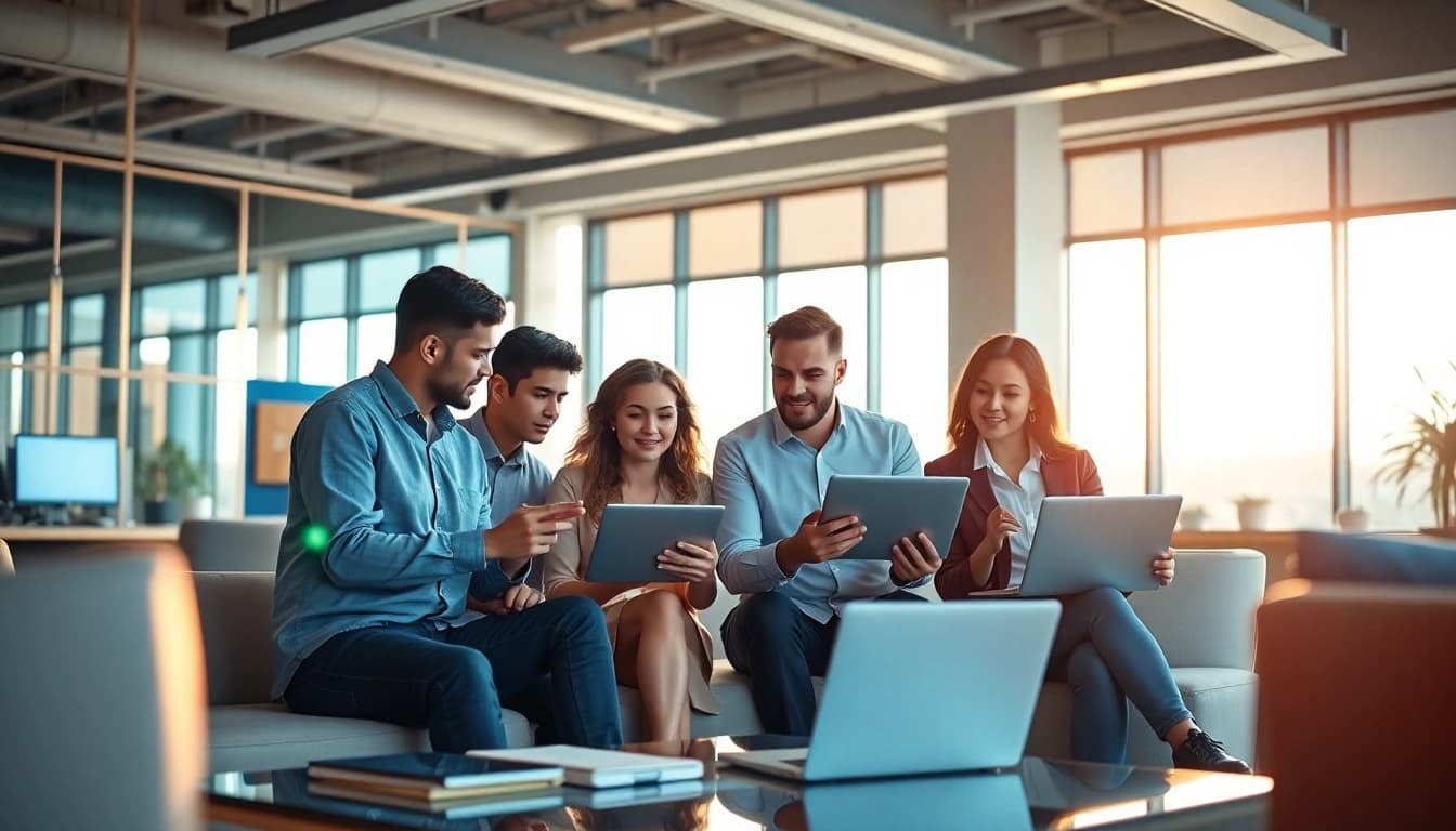 Collaborative professionals analyzing enterprise search tools in a vibrant office environment.