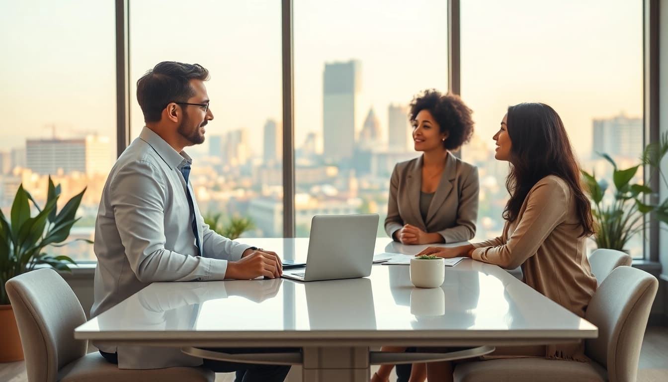 Financial advisor assisting clients at an independent wealth management firm San Antonio, creating a welcoming atmosphere.