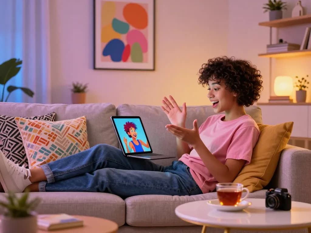 Engaging ai chat porn conversation in a cozy modern living room with a person and an AI character.