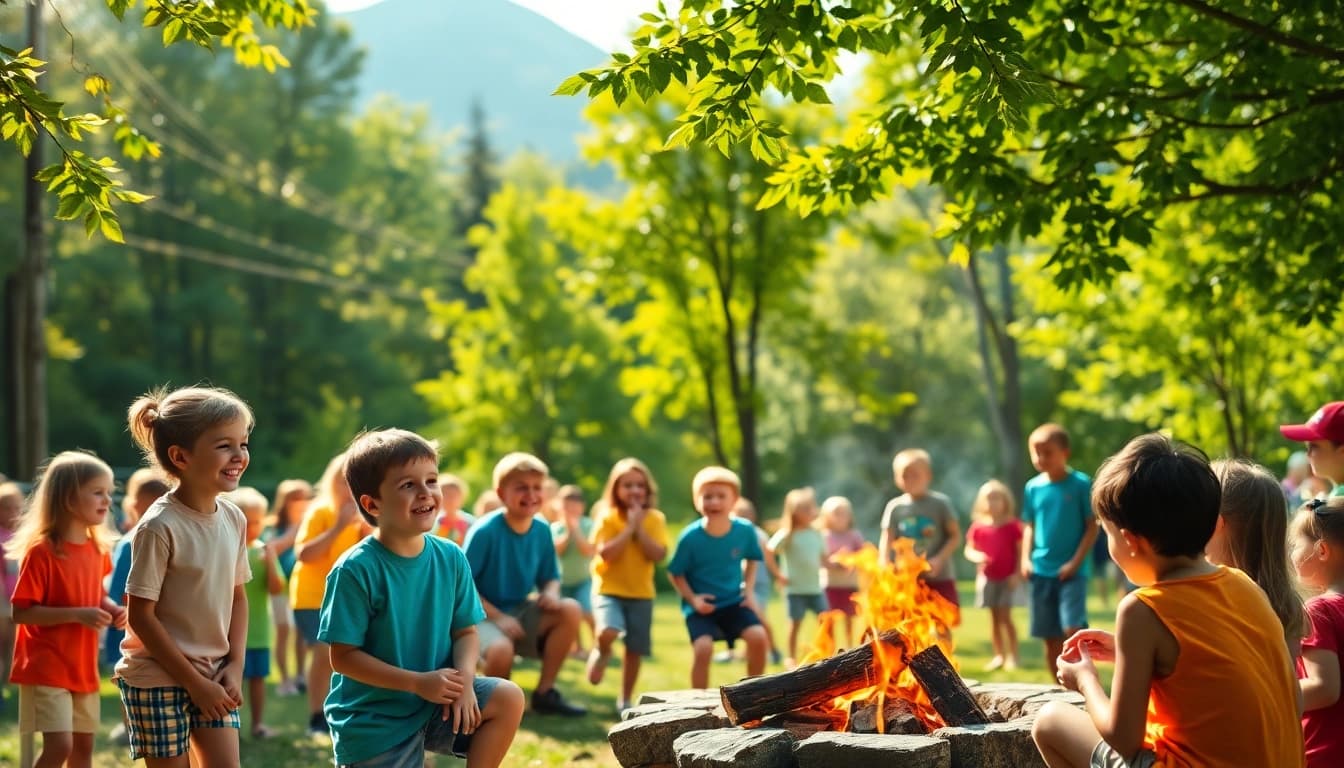 Children enjoying activities at residential summer camps in a vibrant, natural setting.