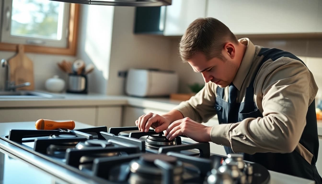 Expert gas stove repair near me, showcasing a technician skillfully fixing a stove in a well-lit kitchen.