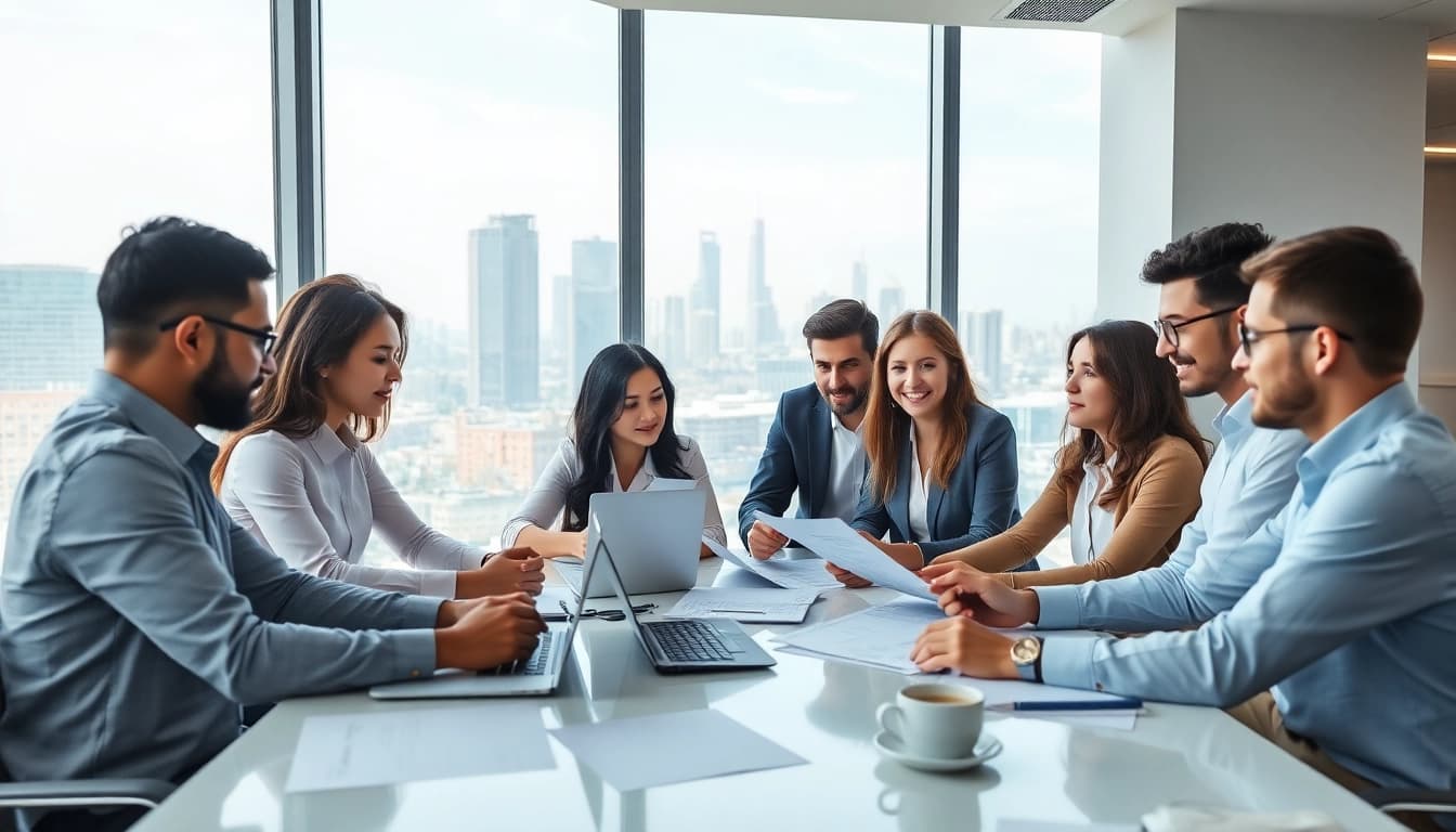 Team strategizing at a startup accounting firm in a modern office.