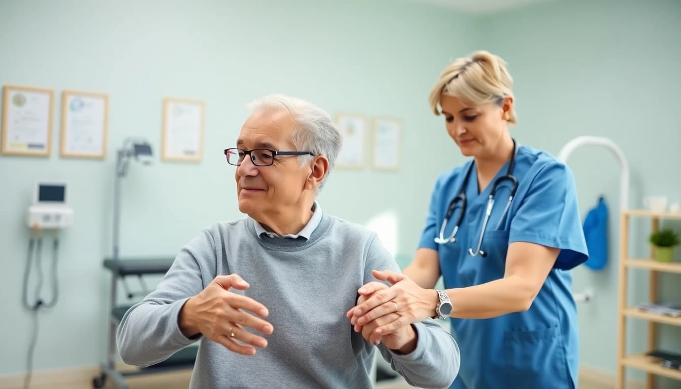Senior physiotherapy Edmonton showcasing a therapist aiding an elderly patient in a bright clinic.