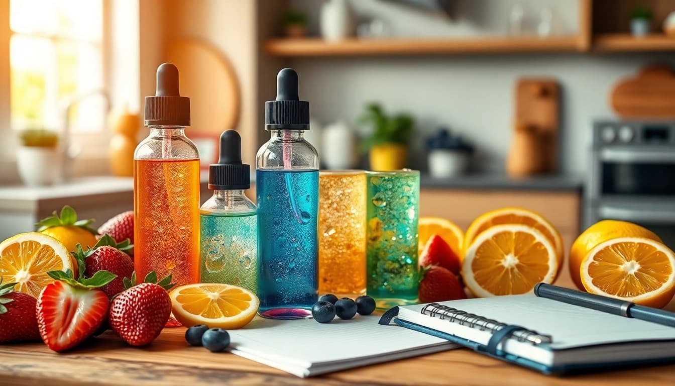Vibrant liquid in stylish bottles with fresh fruits, creating an inviting atmosphere.