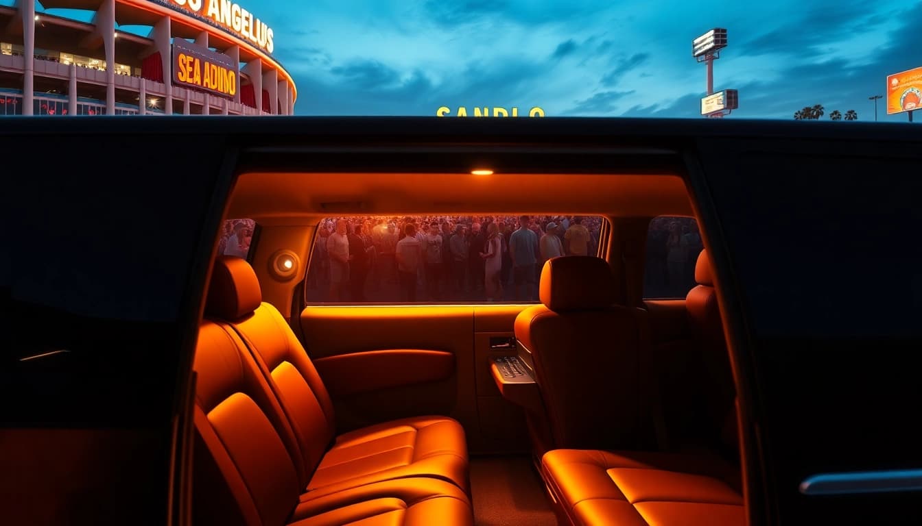 World Cup Group Transportation in a luxury limousine outside a vibrant LA stadium at sunset.