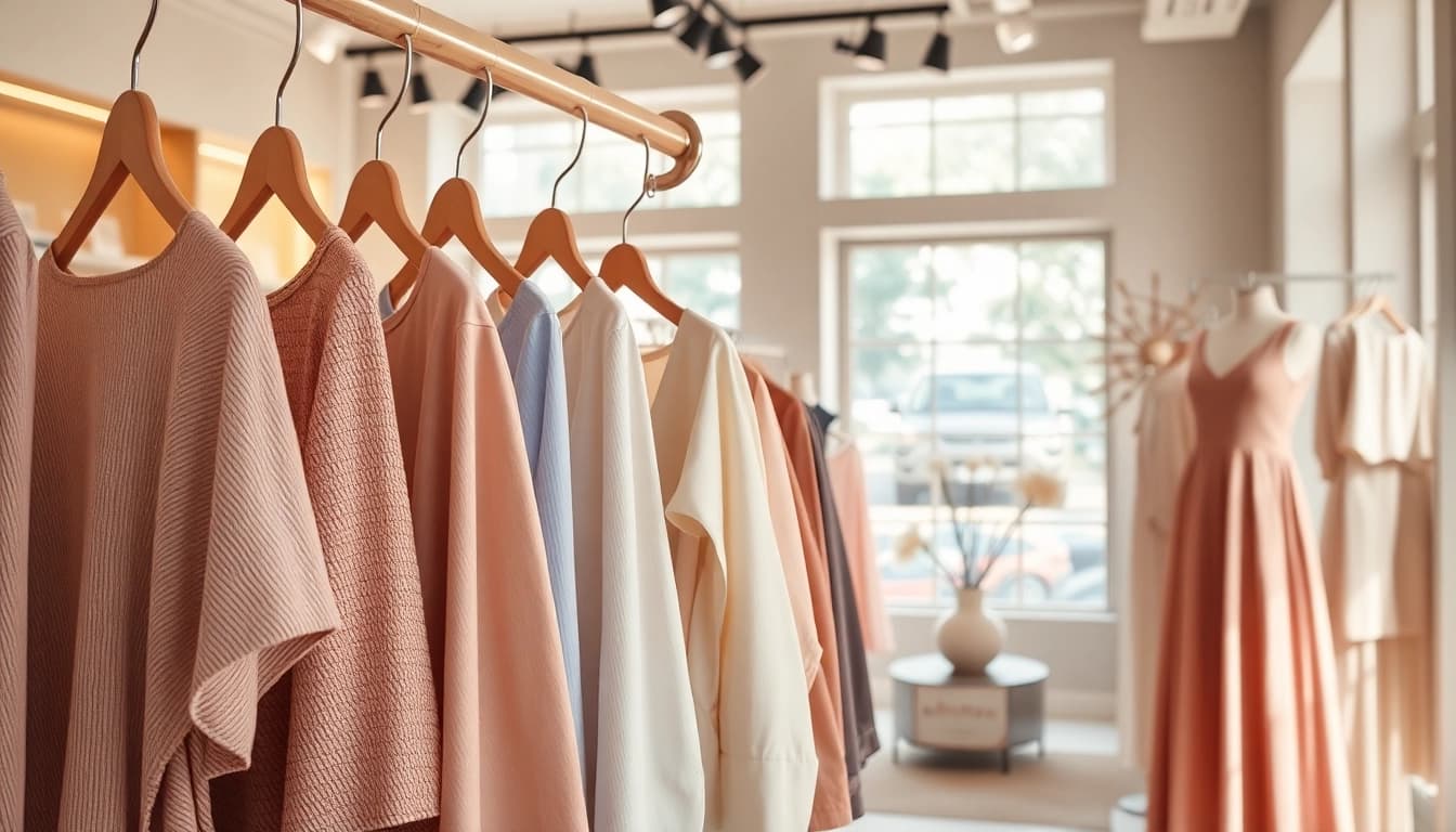 Showcasing Rivelle's elegant fashion collection in a sophisticated boutique setting.