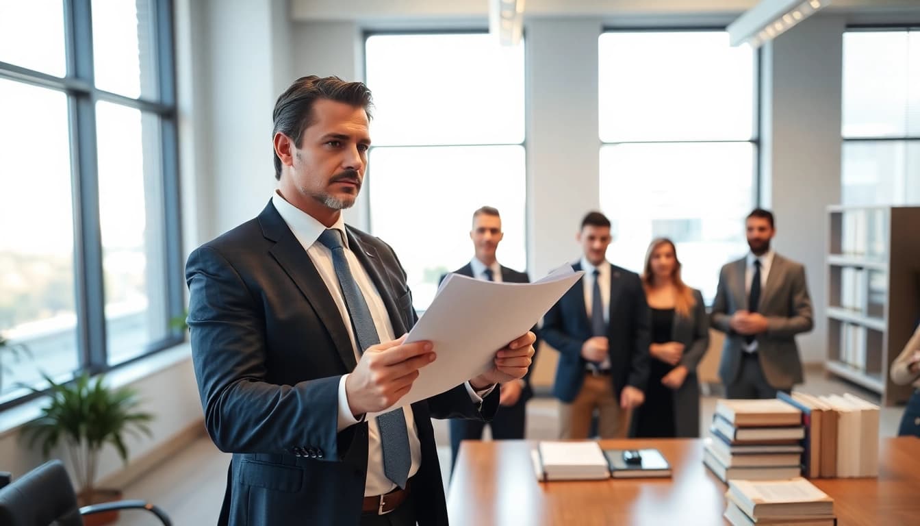 Boca Raton Real Estate Litigation Lawyer consulting clients in a well-lit law office.