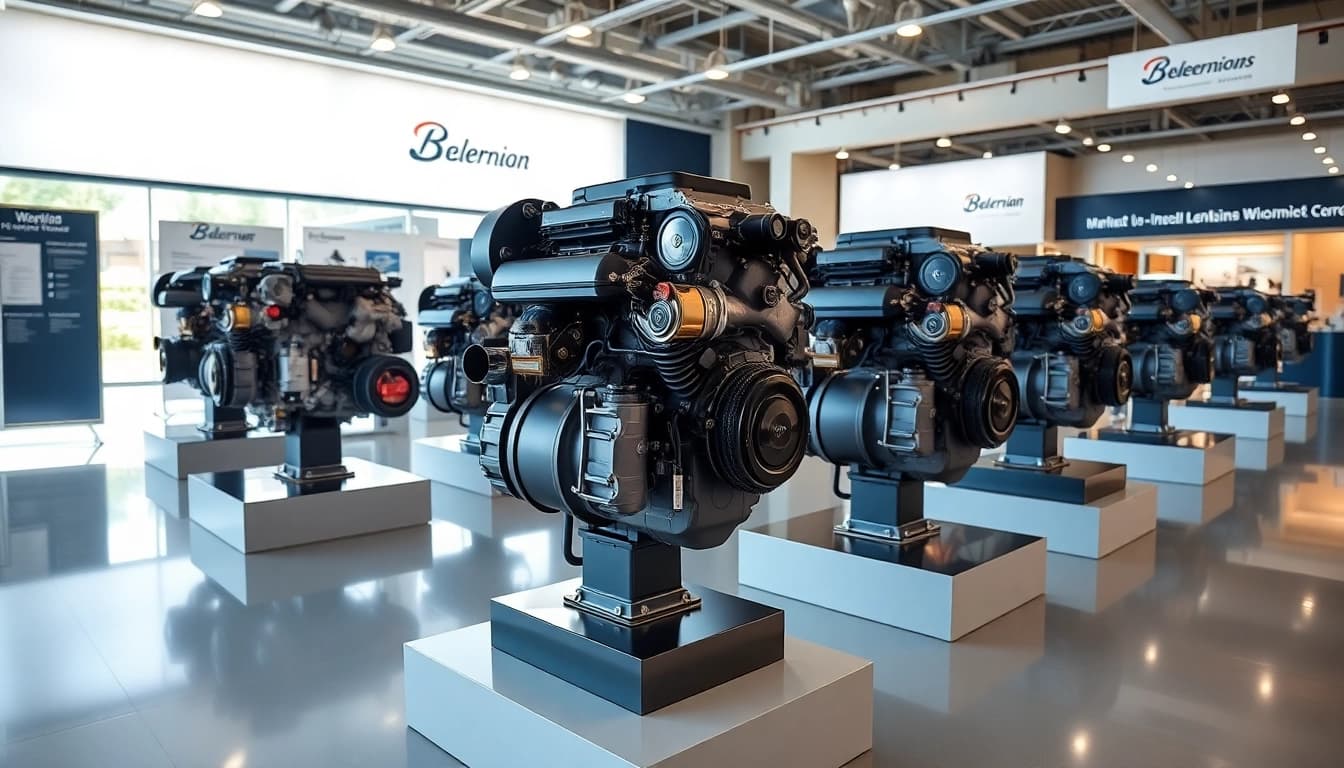 Showcase of various used engines in a bright showroom environment.