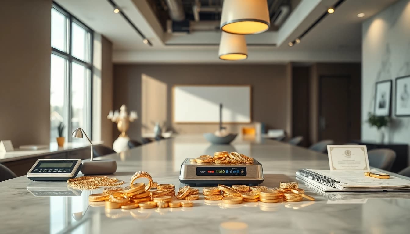 Compra oro a distanza in un elegante ufficio moderno con artefatti d'oro esposti.