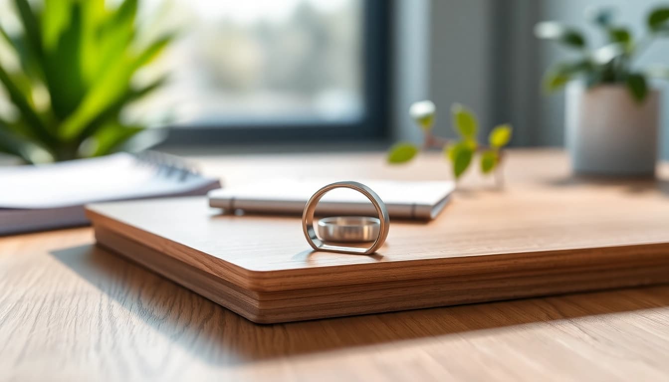 Showcasing Ringconn smart ring on a sleek desk with natural light highlighting its design.
