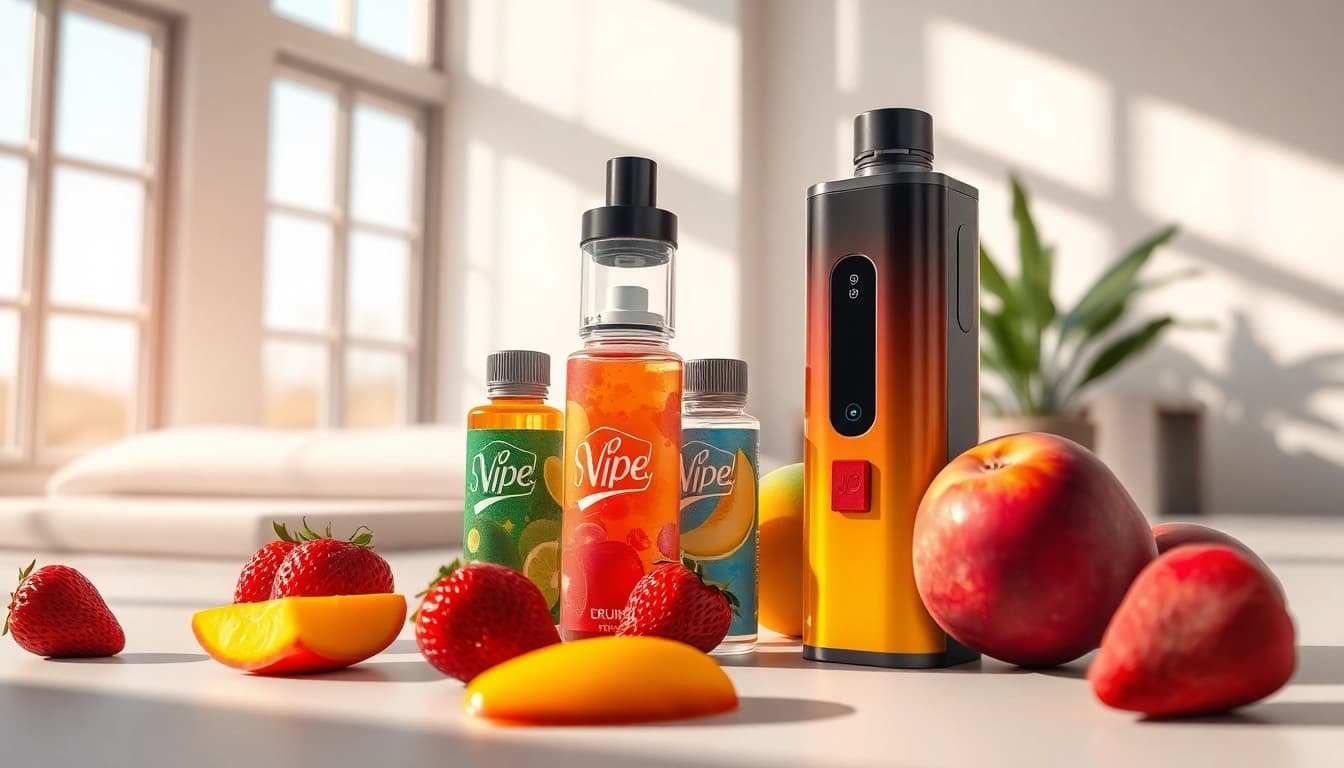 No nicotine vape showcased in a vibrant setting with fruit flavors and modern design for enticing appeal.