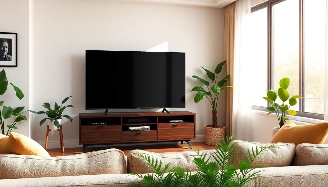 Wymiary telewizora na nowoczesnym tle z komfortowymi meblami w salonie.