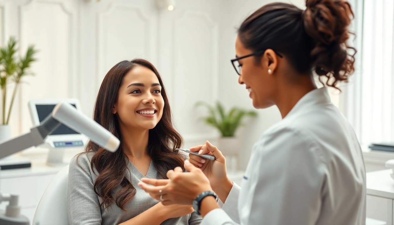 Kirkegaard Aesthetics zeigt eine Patientin in einer vertrauensvollen Beratung mit einem Arzt.
