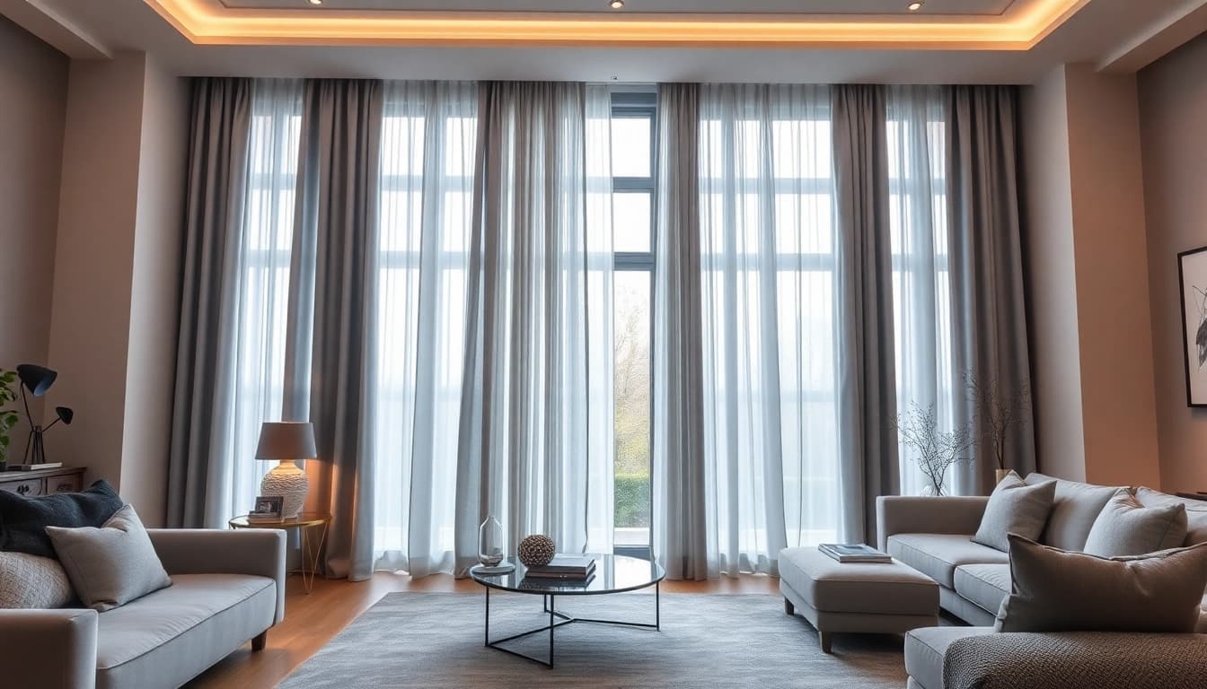 Verduisterende gordijnen creëren een stijlvolle en comfortabele sfeer in de woonkamer.