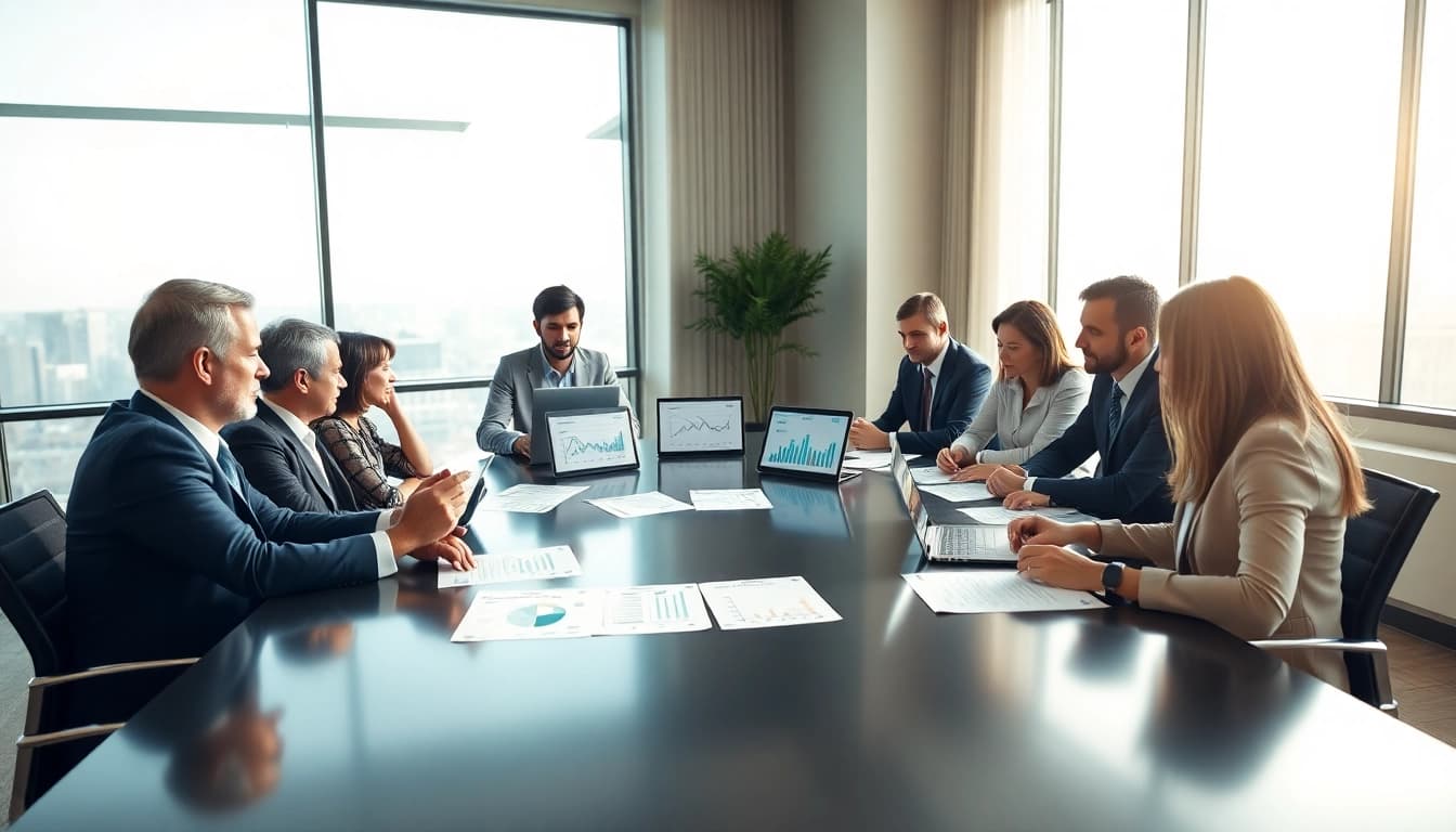 Investors discussing benefits of soparfi at a modern conference table surrounded by financial documents.