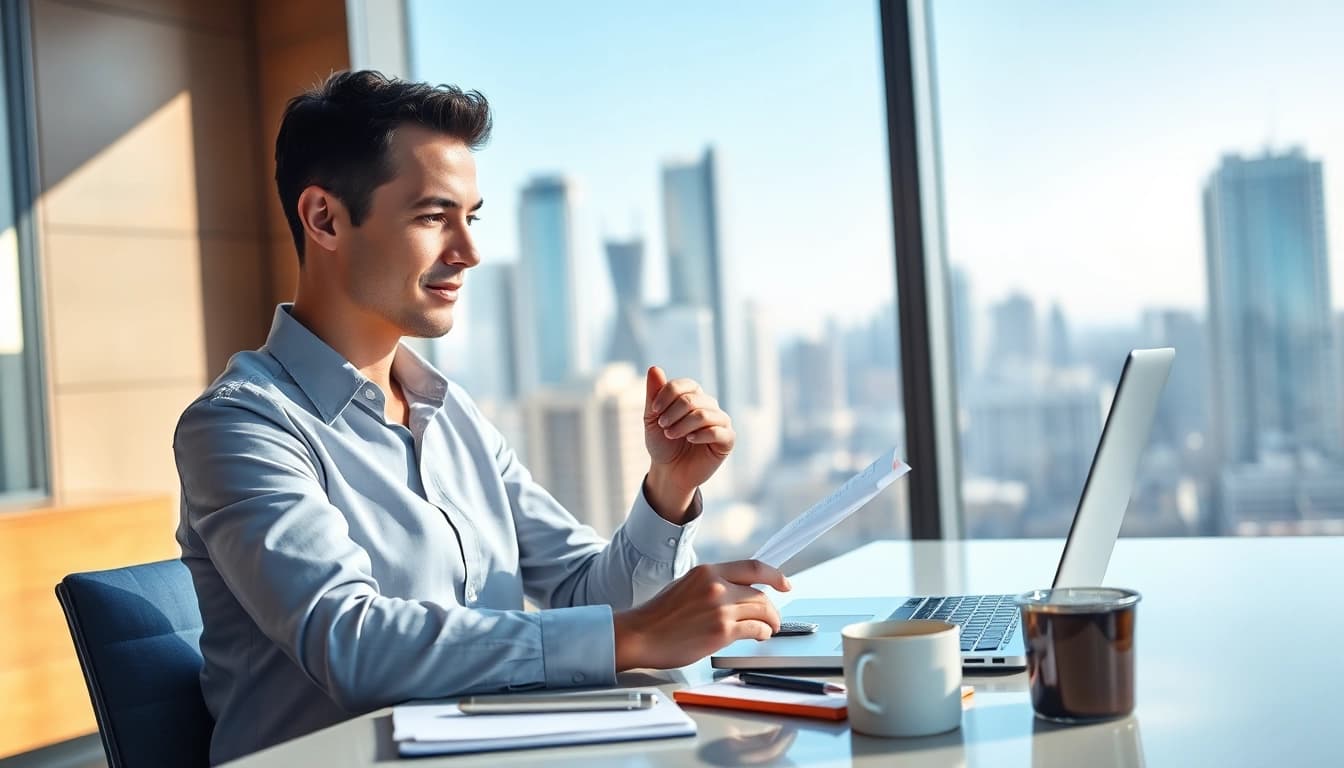 Crisis management consultant analyzing documents in a modern office setting, showcasing professionalism.