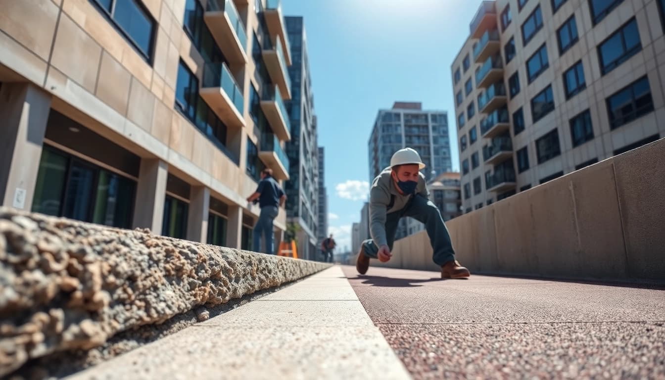 Workers applying surfacing solutions in an urban setting, showcasing quality and craftsmanship.