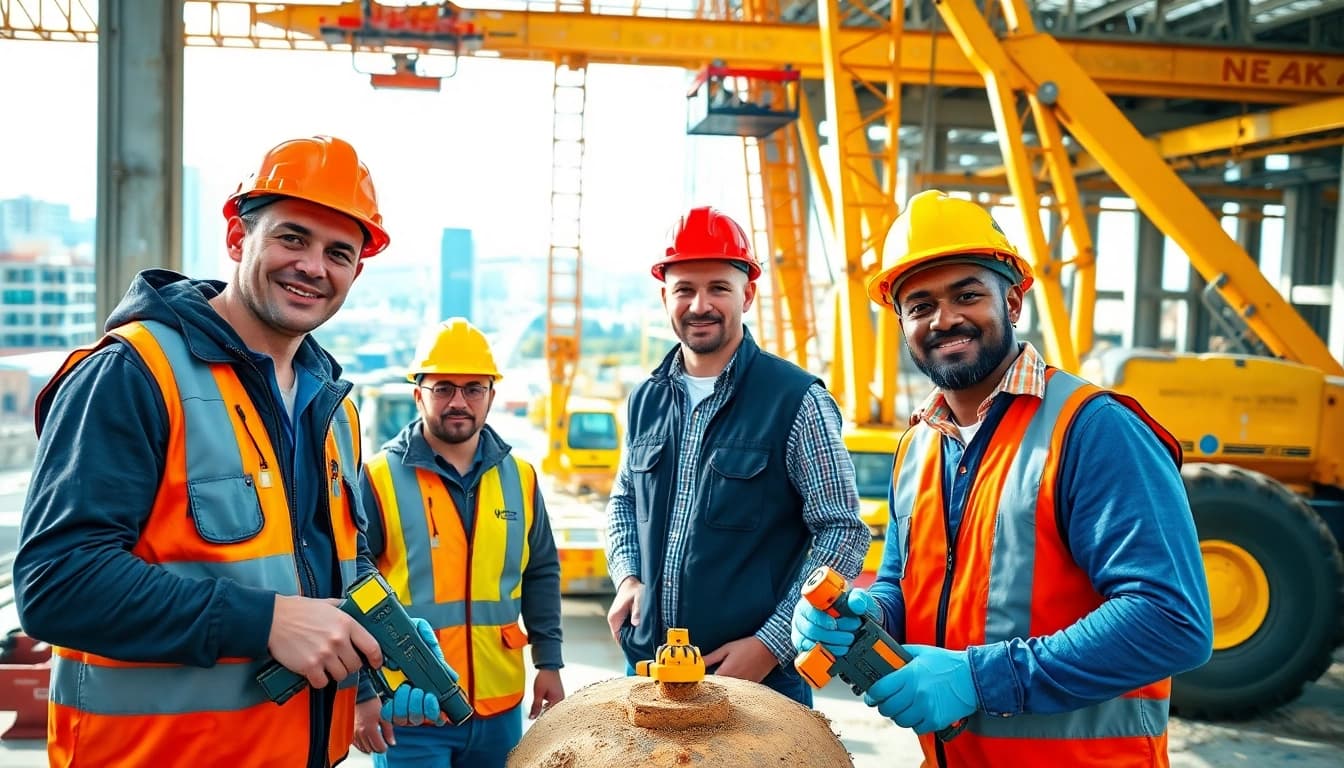 Construction workforce development team collaborating on-site, showcasing skills and teamwork.