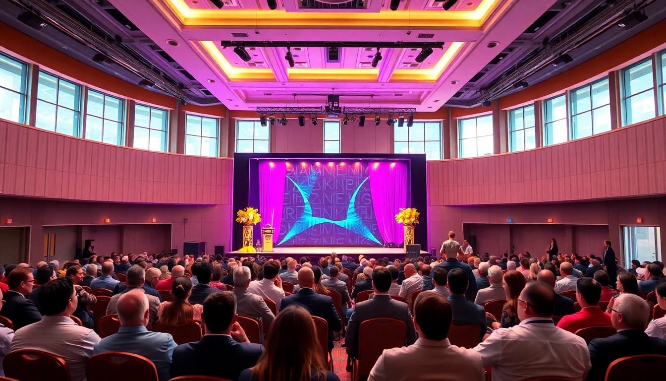 Visualizing the event management software cost during a conference setup, showcasing lively attendees and decor.