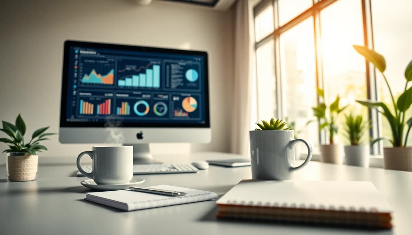 Showcasing a professional workspace from https://fhpts.com with analytics charts and an organized desk setting.