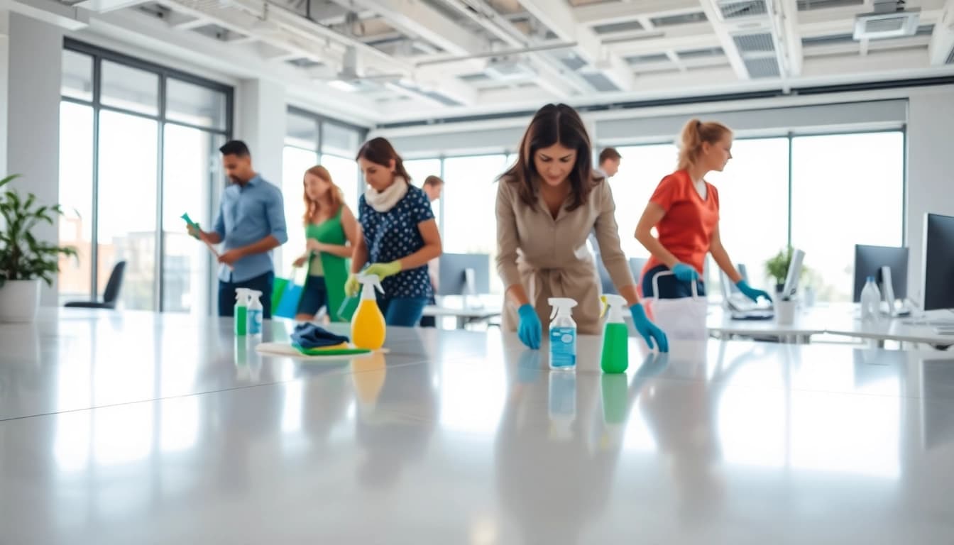 Cleaning services near me presented by a professional cleaning team in an office setting.