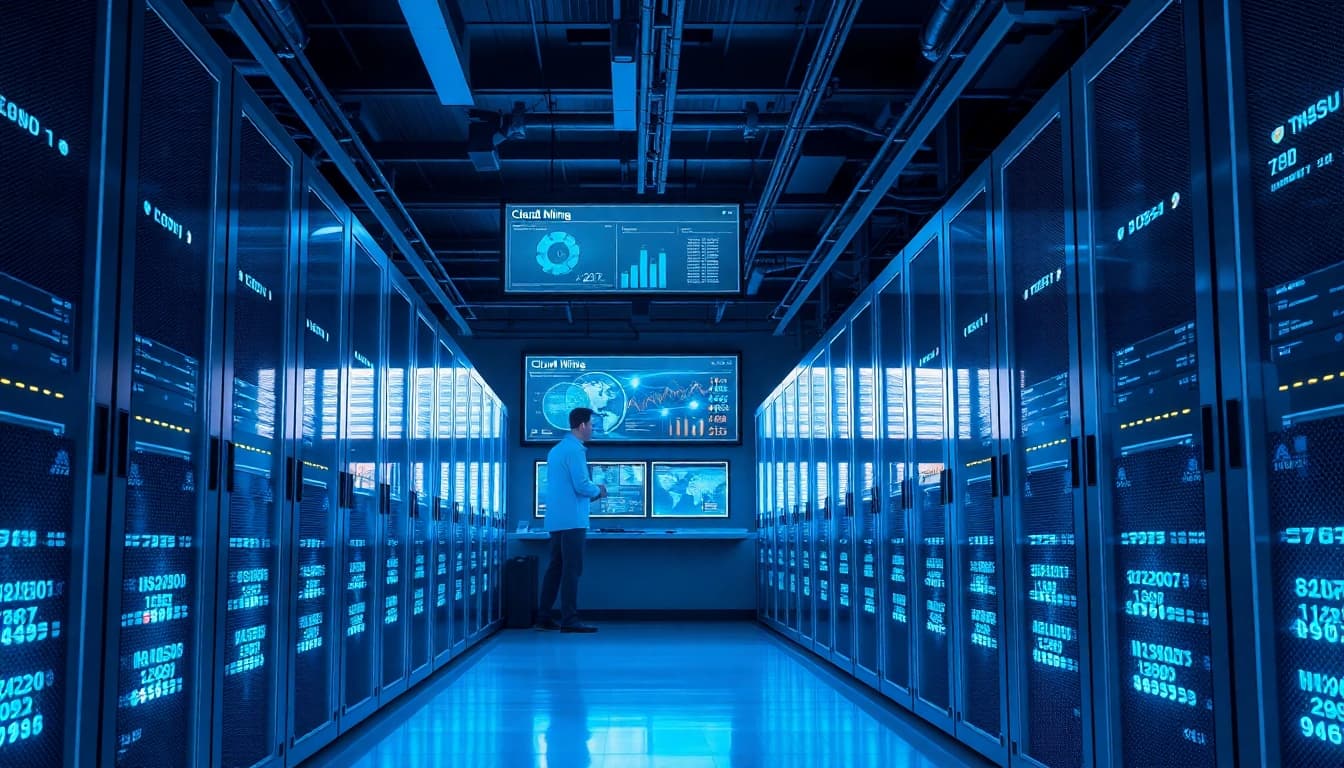 Cloud mining facility with high-performance servers and cryptocurrency data display.