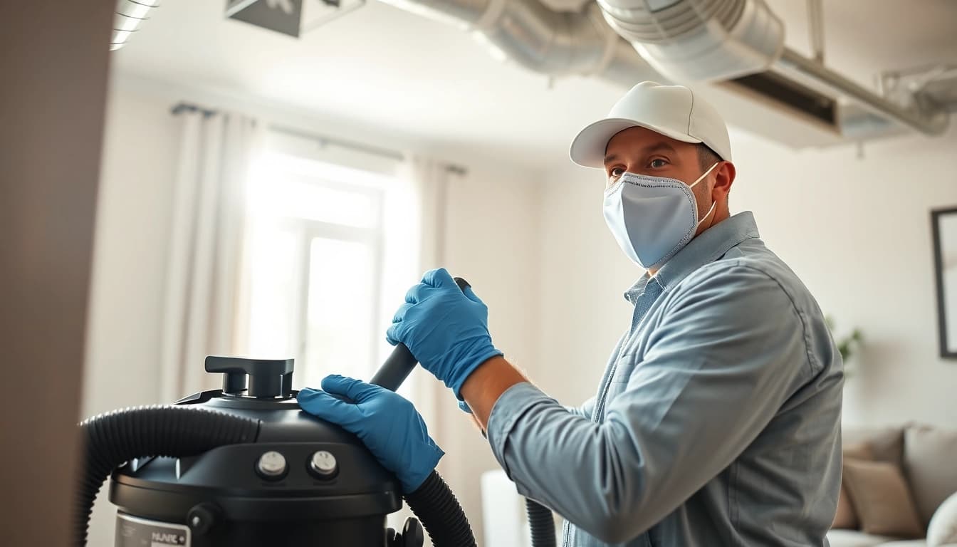 HVAC Cleaning service in action, showcasing a technician cleaning residential ductwork with professional equipment.