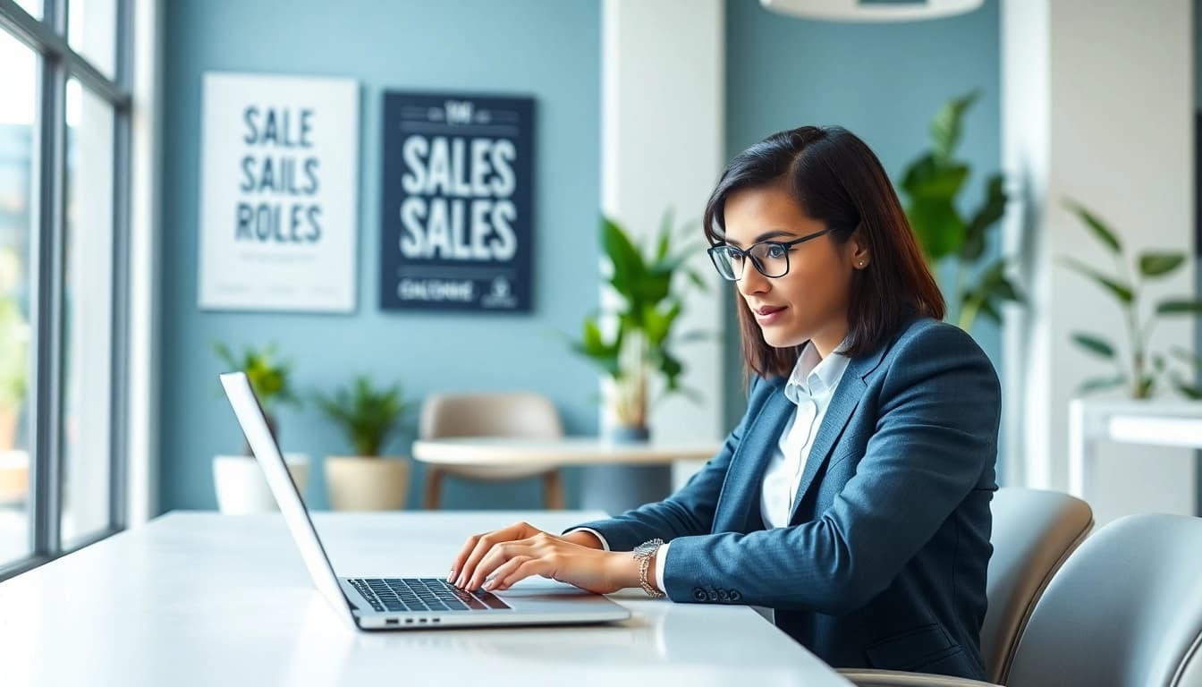 Job seeker finding a job board for sales roles in a modern office.