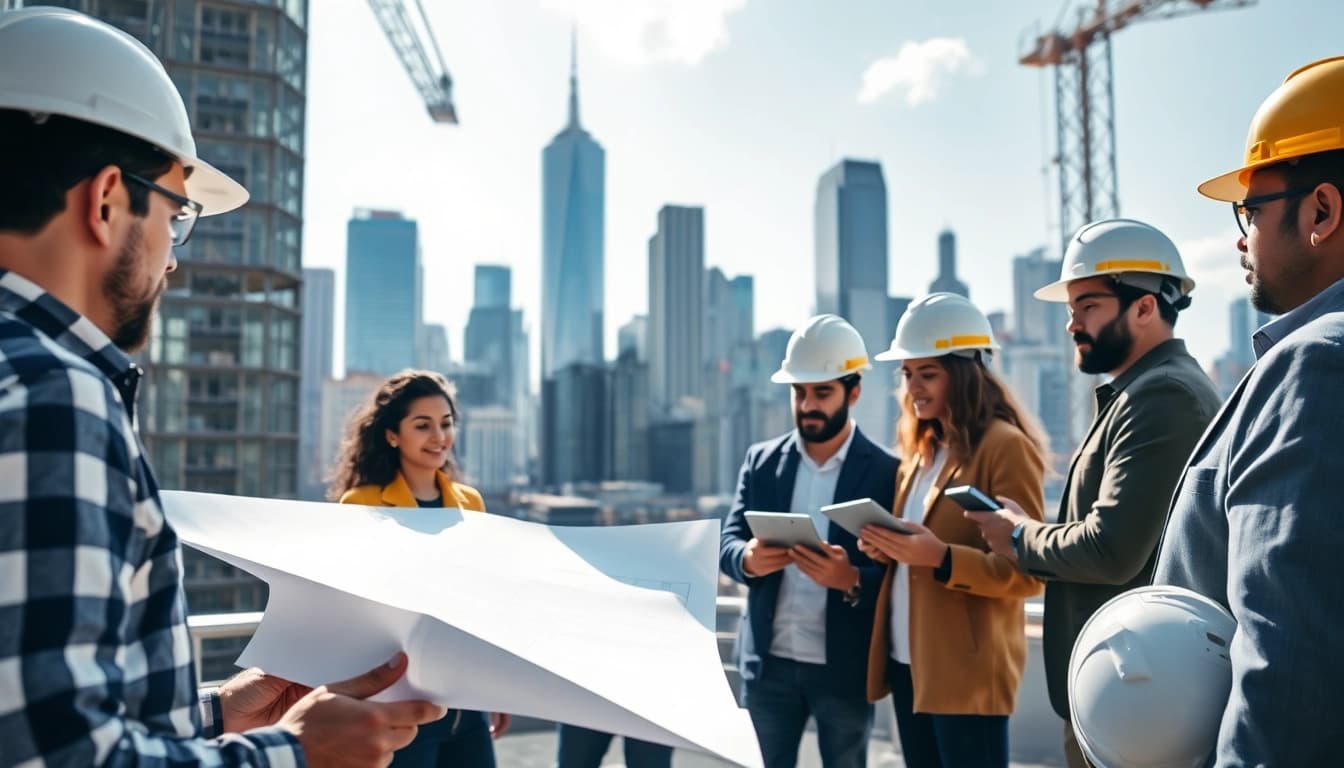 New York General Contractor team collaborating on construction plans in Manhattan.