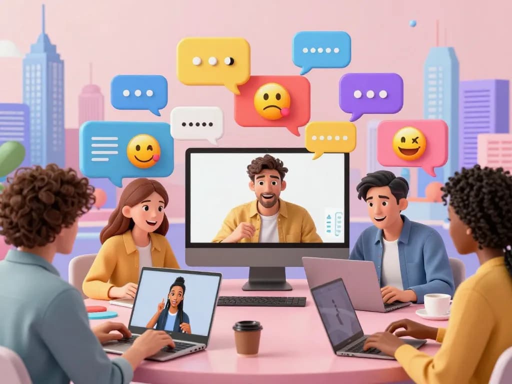 Spicy chat among diverse animated characters interacting on virtual devices, showcasing digital communication.
