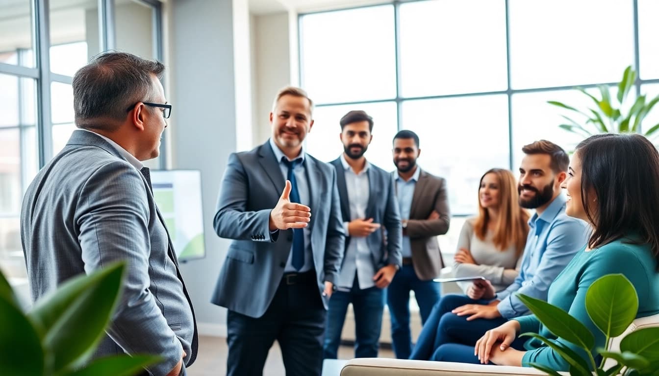 Business coach near me facilitating a workshop with engaged participants in a modern office.