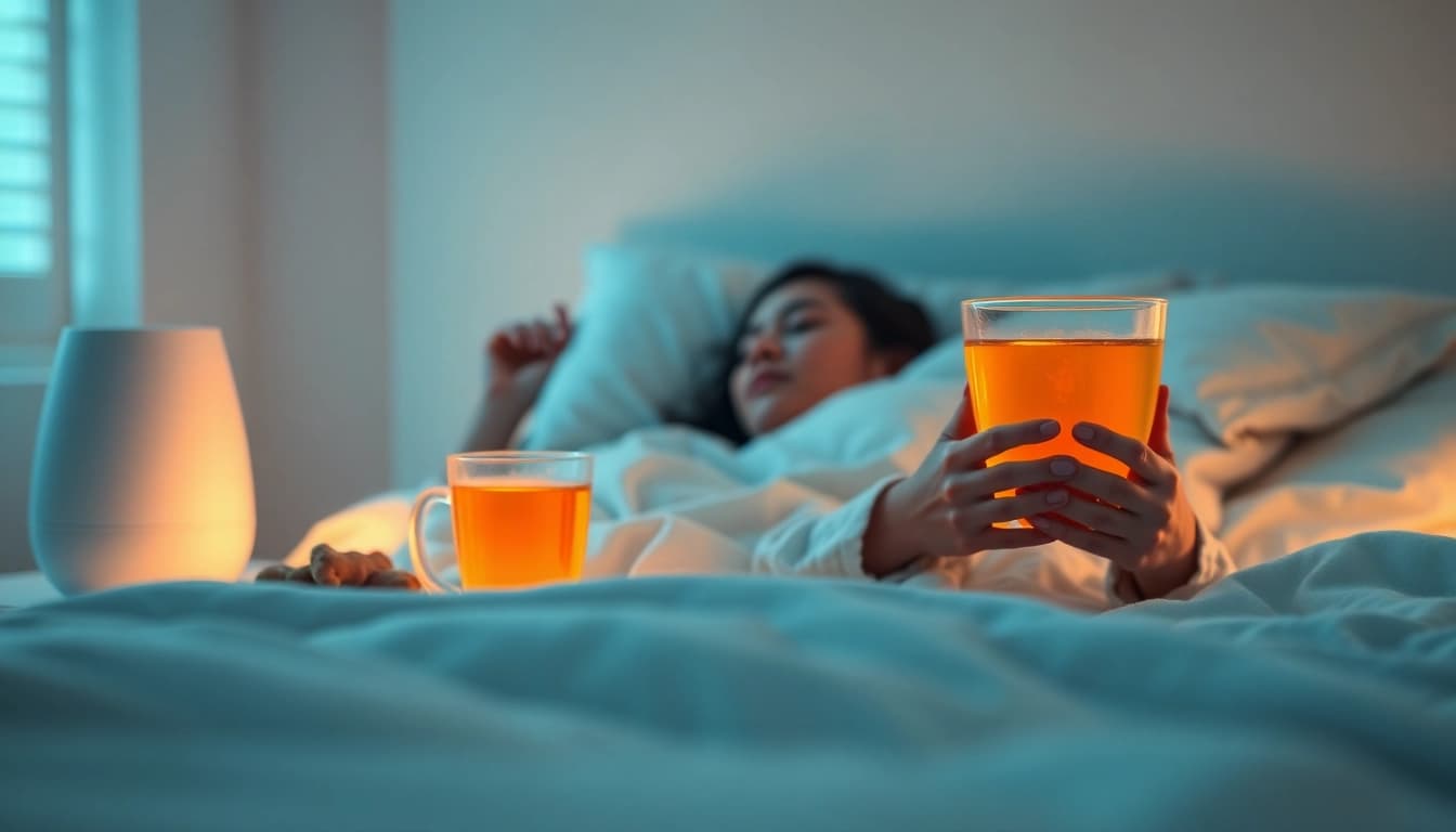暖かいお茶と穏やかな照明を取り入れ、(風邪 一晩で治す方法) の効果的な回復を示すリラックスした夜の風景。