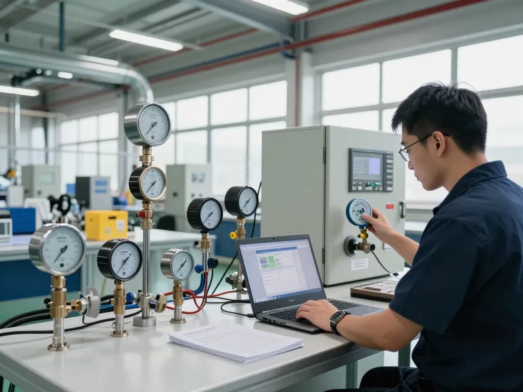 Technician calibrating Endress Hauser flow measurement device in an industrial automation facility.