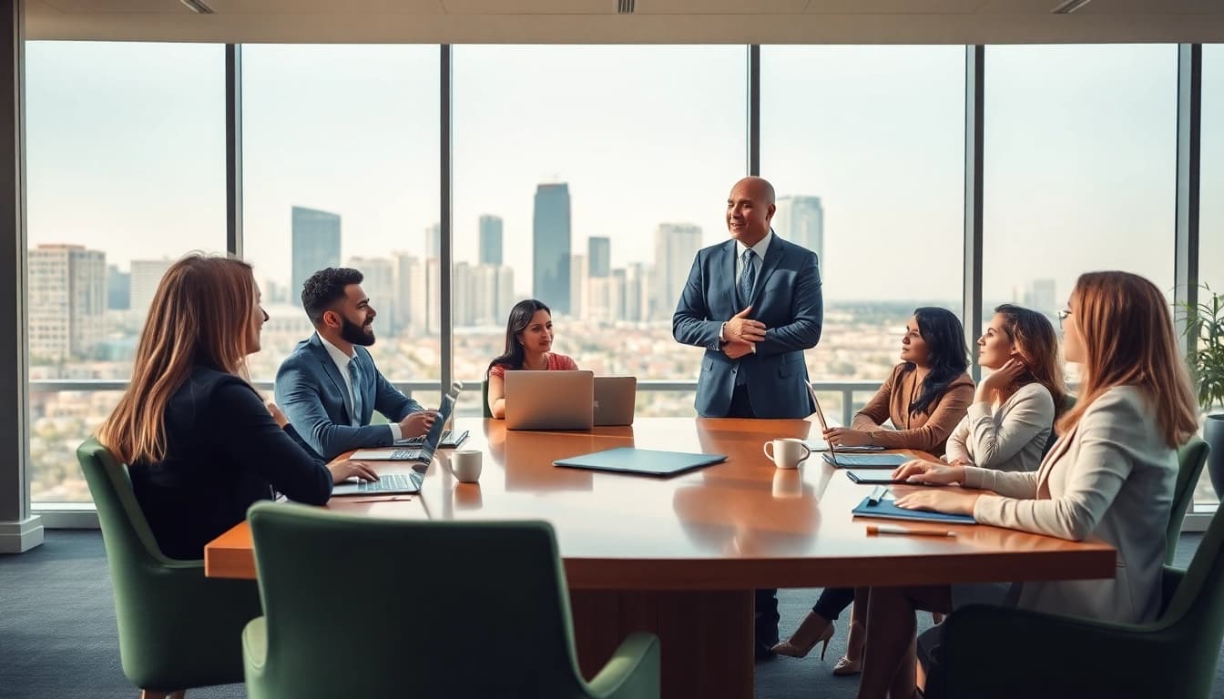 Engaging business coach san diego leading a professional meeting in a modern office setting.