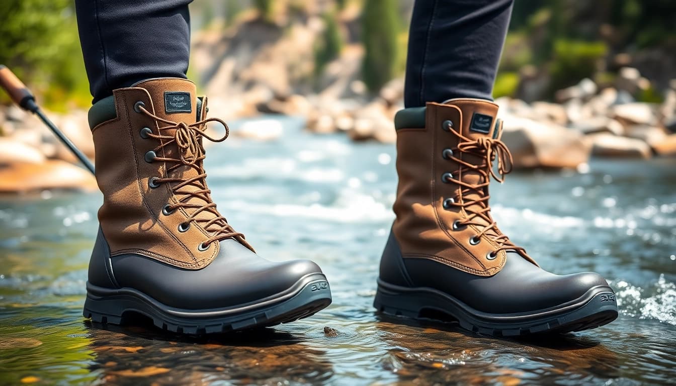 Display of Fly fishing boots showcasing rugged design and grip for water sports.