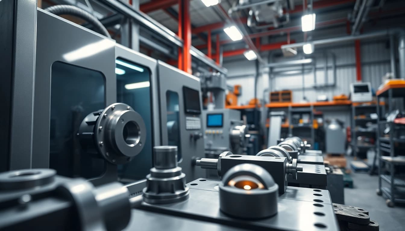 Custom part manufacturer showcasing precision machining on a CNC lathe in a dynamic workshop.