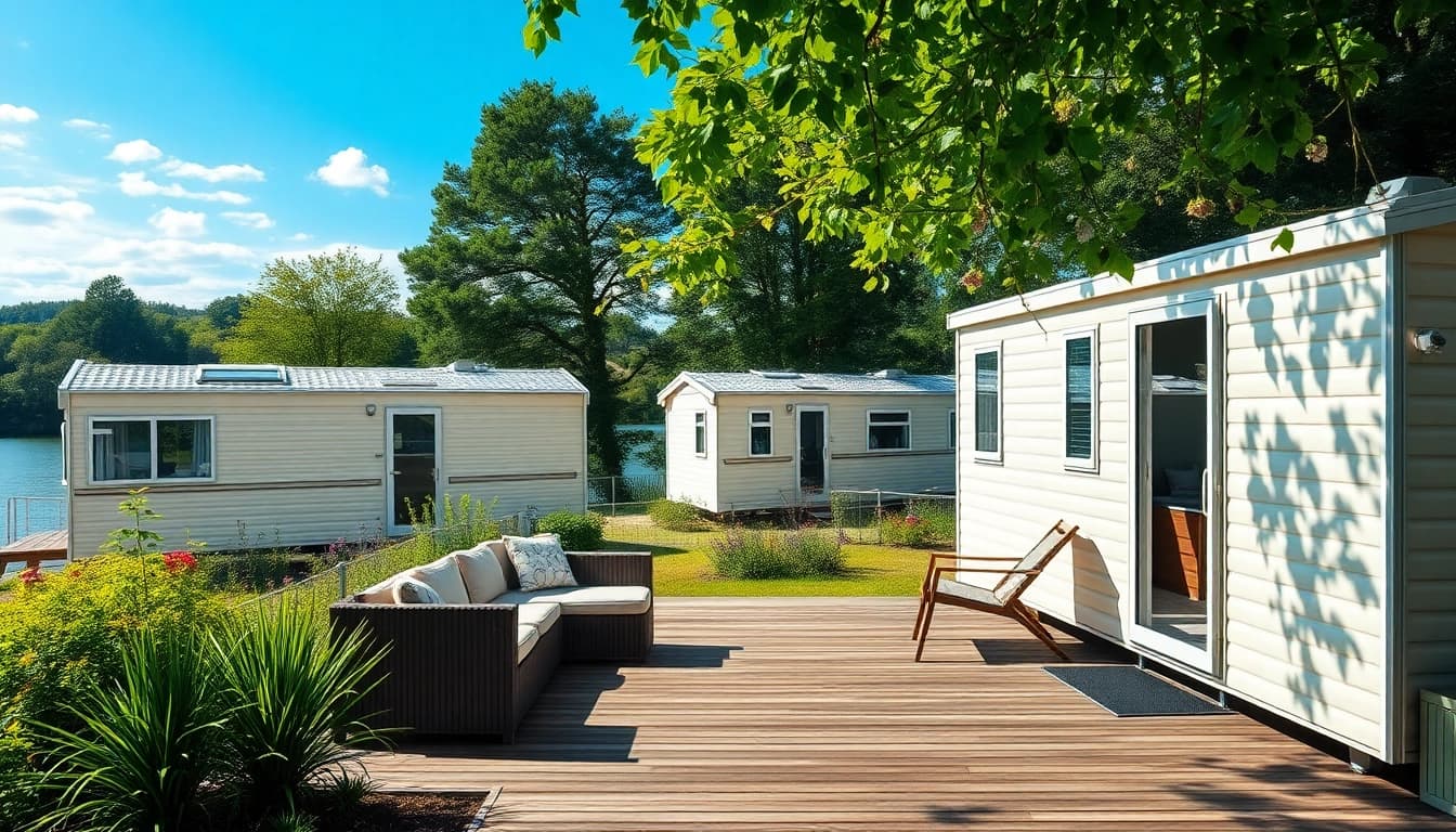Relaxing lakeside view of static caravans highlighting cozy outdoor living spaces.
