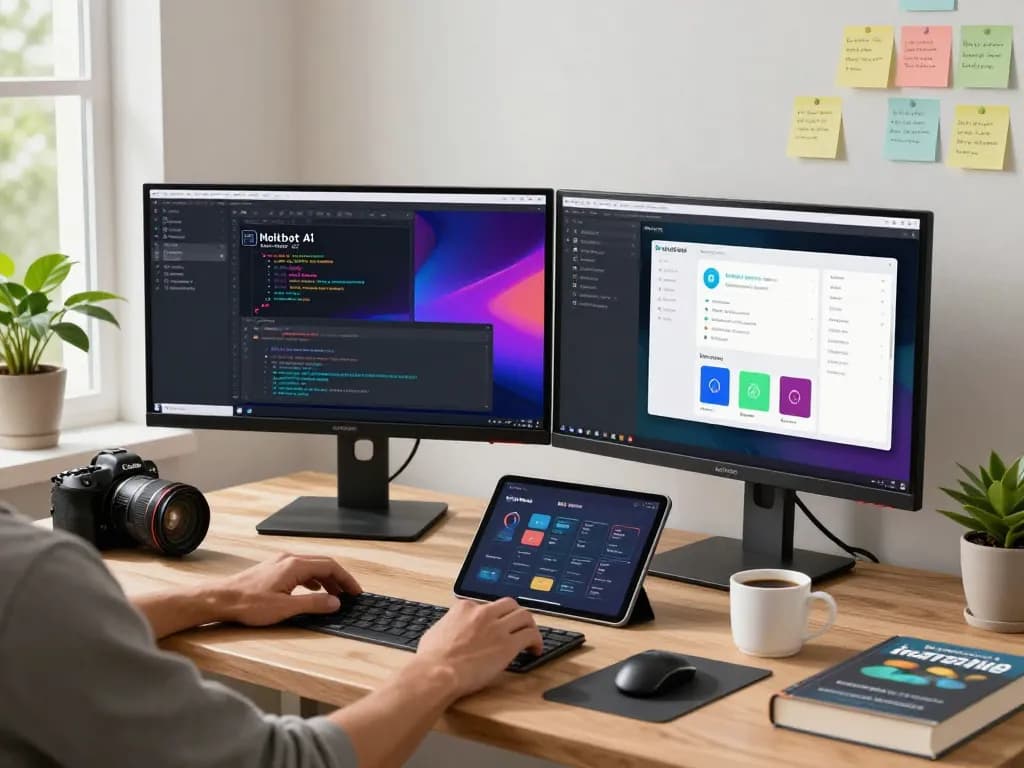 Developer using clawdbot AI in a modern home office with dual monitors and coding tools.