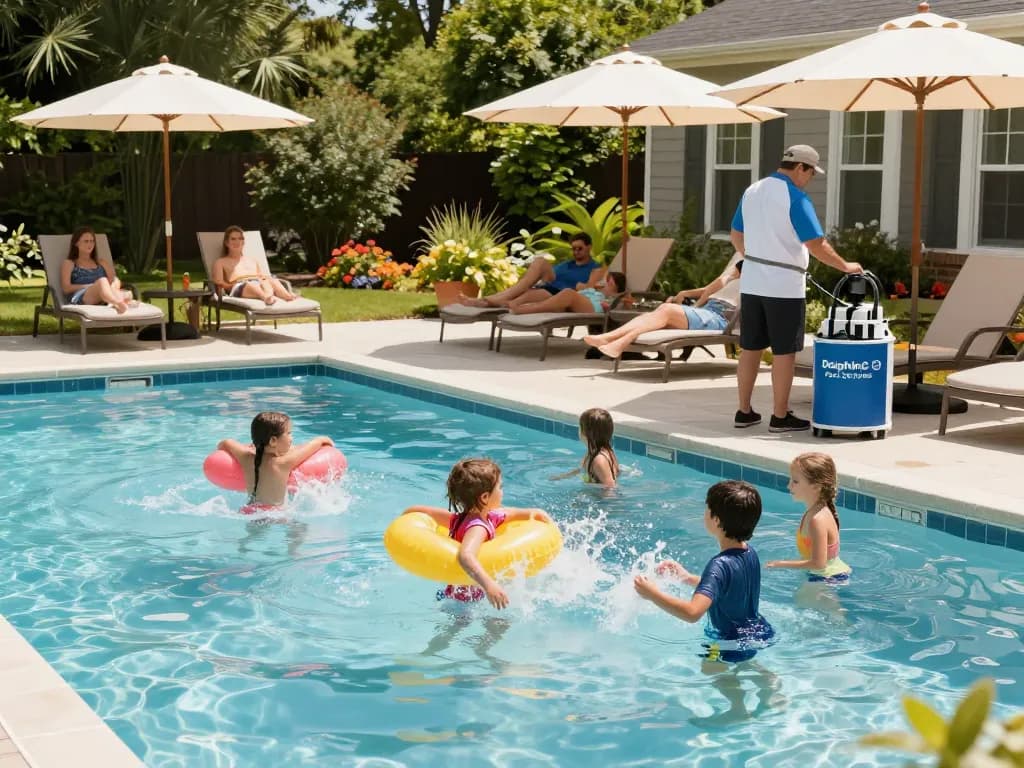 Dolphin Pool Services enhancing family fun in a Virginia backyard pool, showcasing professional maintenance and care.