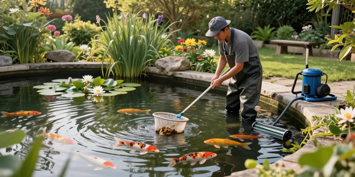 Pond cleaning Surrey expert removing debris to maintain a vibrant garden pond ecosystem.