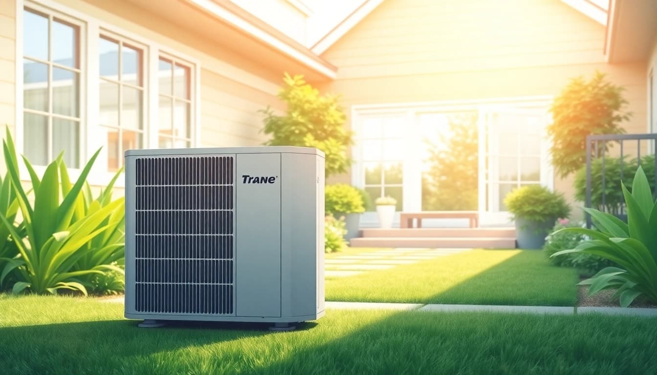 Showcasing Trane heat pumps in a serene home environment, blending modern efficiency with natural beauty.